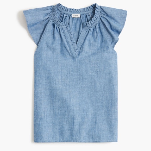 NWT J. Crew Light Blue Ruffle Blouse, Short Flutter Sleeves, Chambray, V-Neck, M - Picture 2 of 11